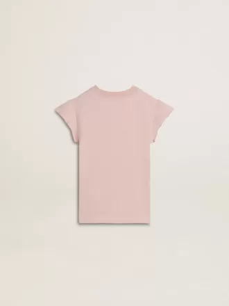 T-shirt rosa da bambina con maniche a volant e ricami