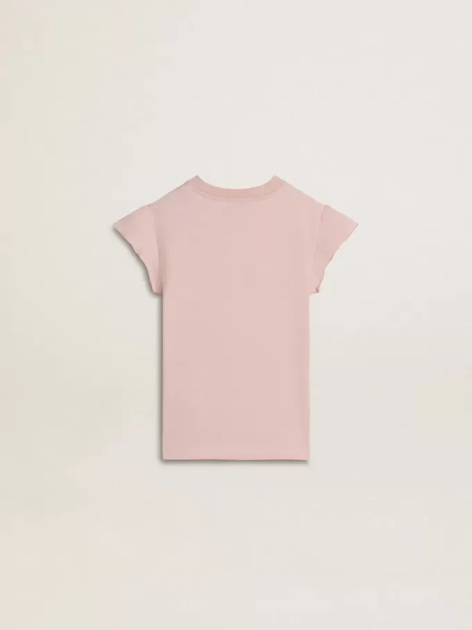 T-shirt rosa da bambina con maniche a volant e ricami T-shirt rosa da bambina con maniche a volant e ricami