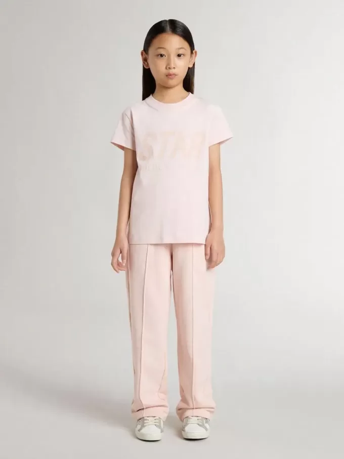 T-shirt rosa da bambina con stampa rosa sul davanti