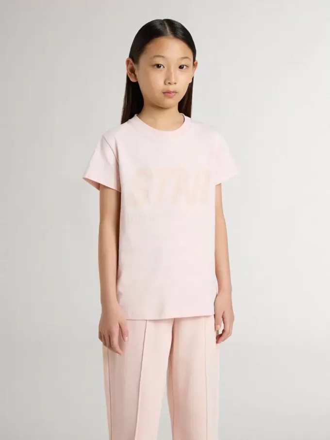 T-shirt rosa da bambina con stampa rosa sul davanti