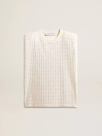 T-shirt senza maniche bianca invecchiata impreziosita da cristalli T-shirt senza maniche bianca invecchiata impreziosita da cristalli
