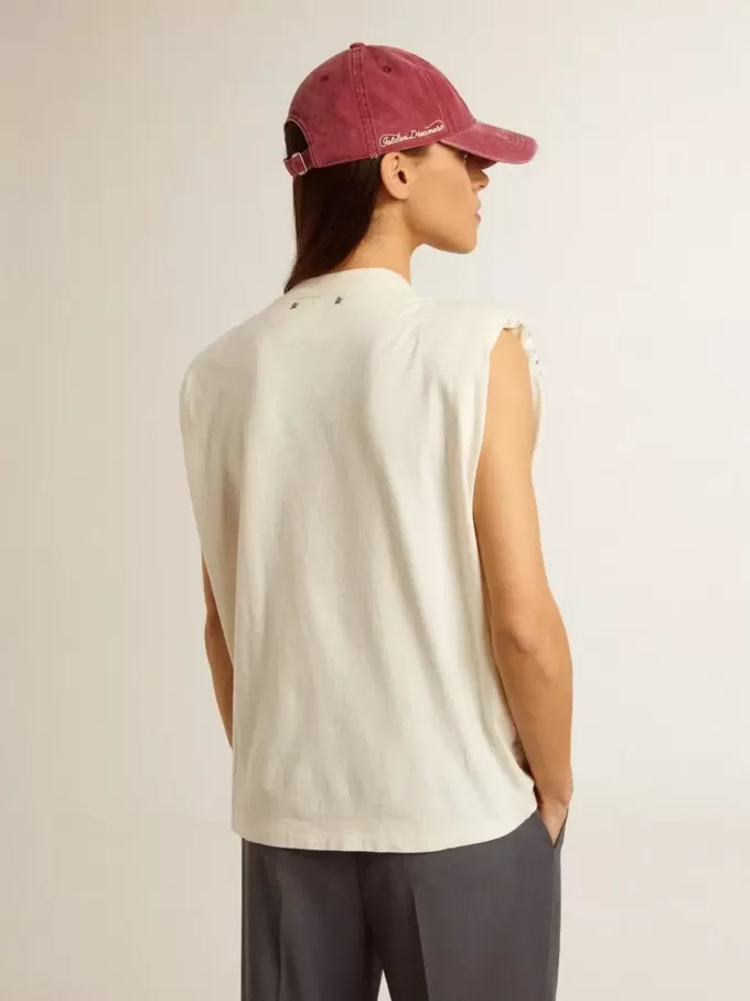 T-shirt senza maniche bianca invecchiata impreziosita da cristalli T-shirt senza maniche bianca invecchiata impreziosita da cristalli