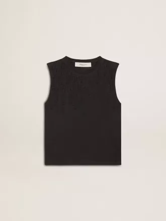 T-shirt senza maniche in nero consumato con ricamo sfumato tono su tono