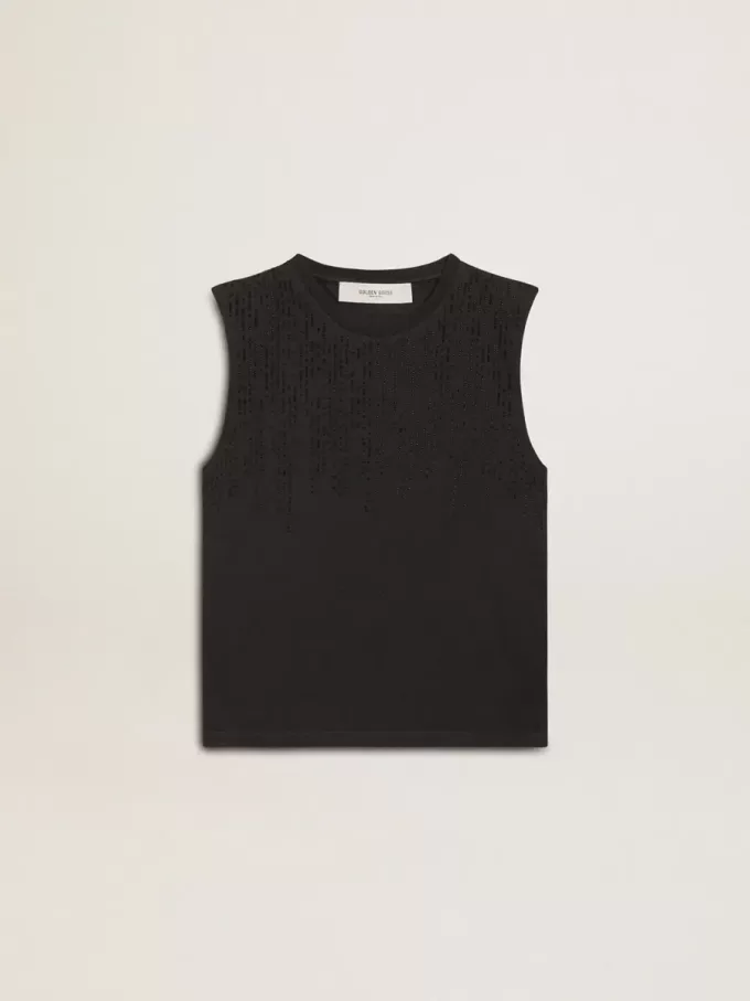 T-shirt senza maniche in nero consumato con ricamo sfumato tono su tono