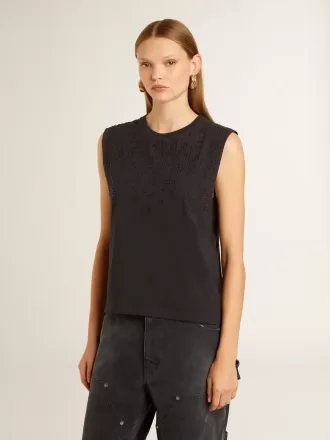 T-shirt senza maniche in nero consumato con ricamo sfumato tono su tono