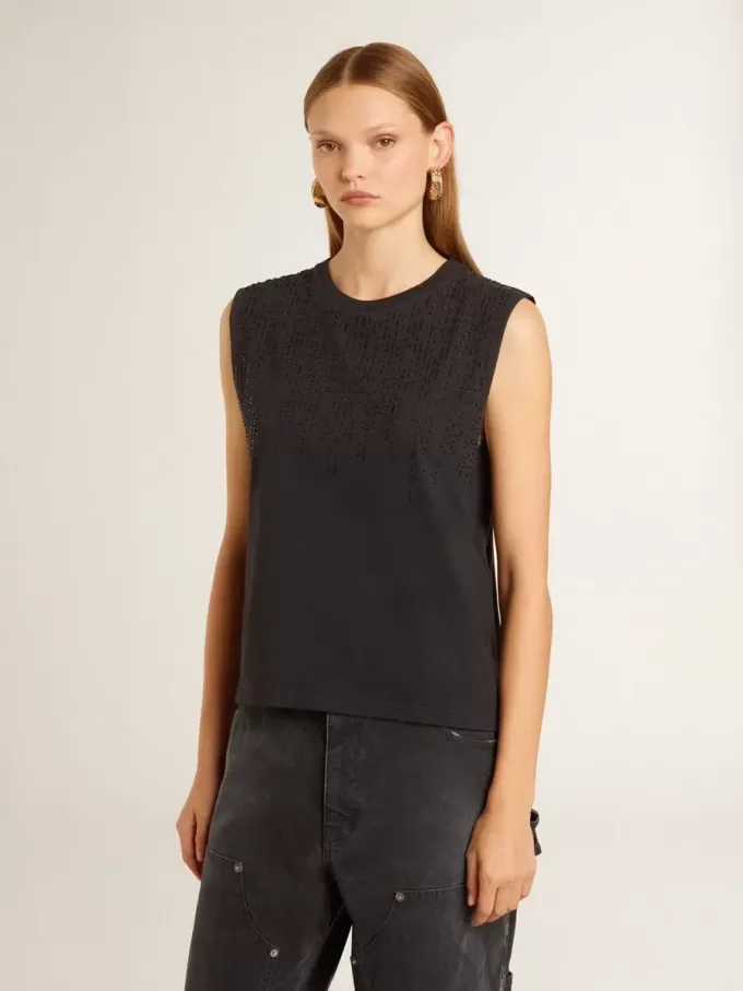 T-shirt senza maniche in nero consumato con ricamo sfumato tono su tono