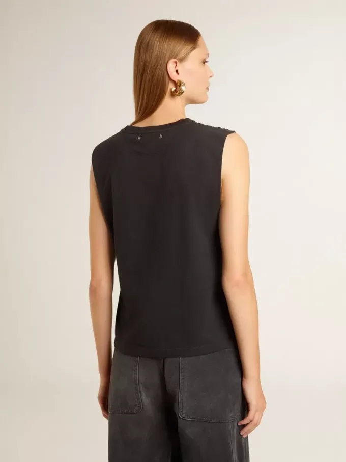 T-shirt senza maniche in nero consumato con ricamo sfumato tono su tono