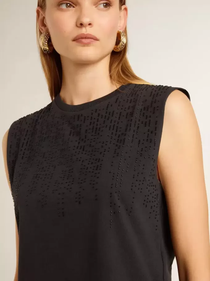 T-shirt senza maniche in nero consumato con ricamo sfumato tono su tono