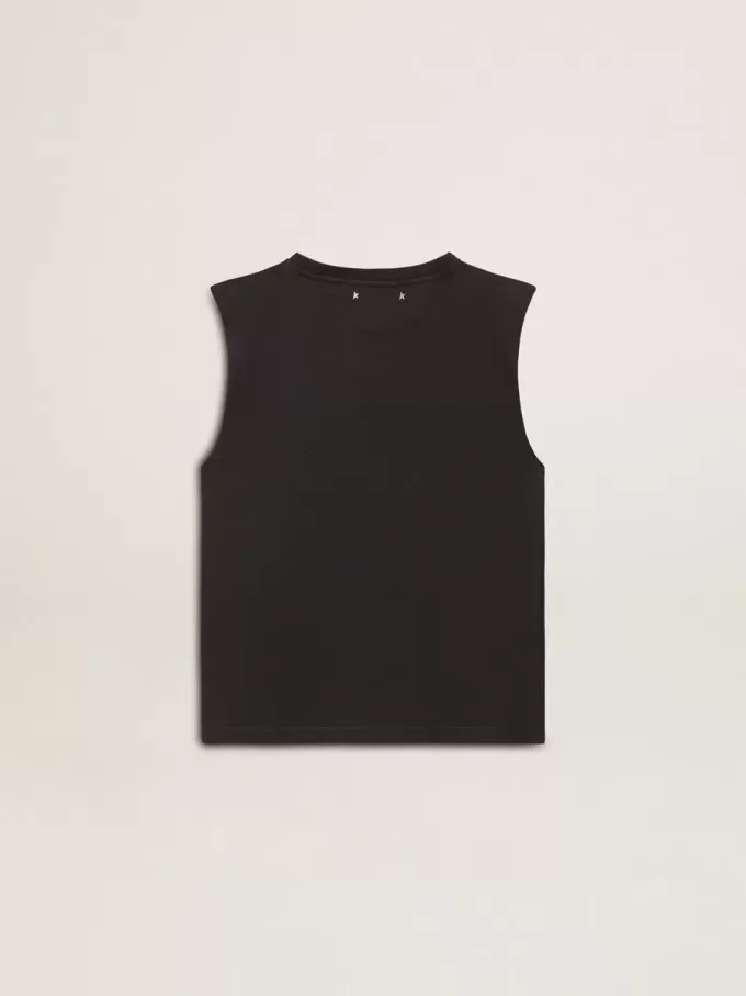 T-shirt senza maniche in nero consumato con ricamo sfumato tono su tono