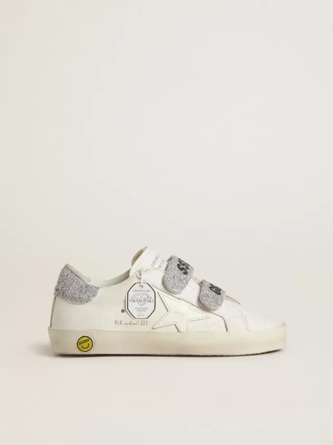 Teen Old School in pelle bianca con linguetta e cinturini sul tallone in cristallo Swarovski argento Teen Old School in pelle bianca con linguetta e cinturini sul tallone in cristallo Swarovski argento
