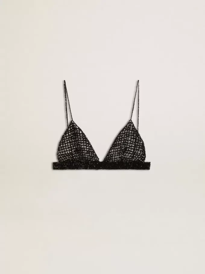 Top nero da donna in crochet con cristalli