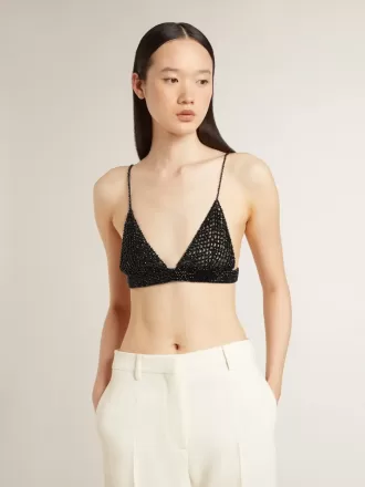 Top nero da donna in crochet con cristalli