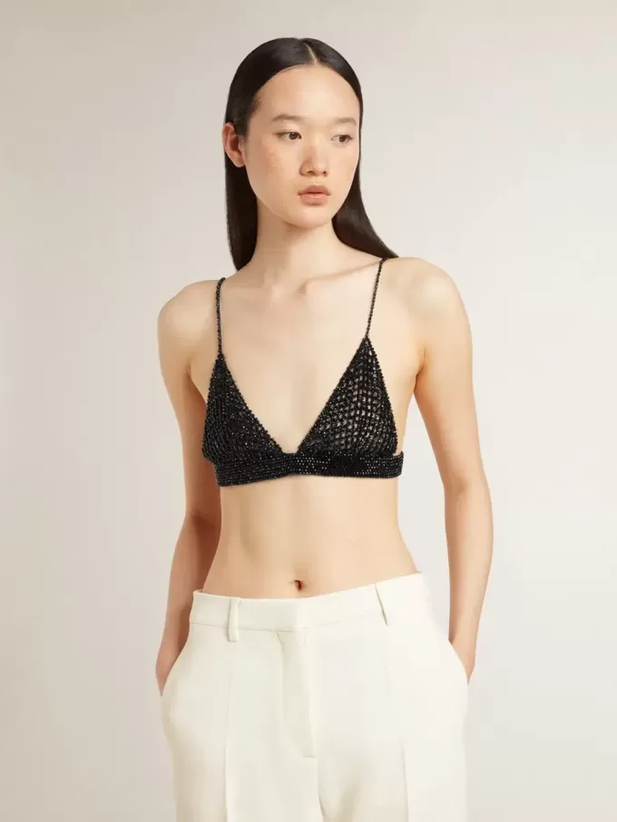Top nero da donna in crochet con cristalli