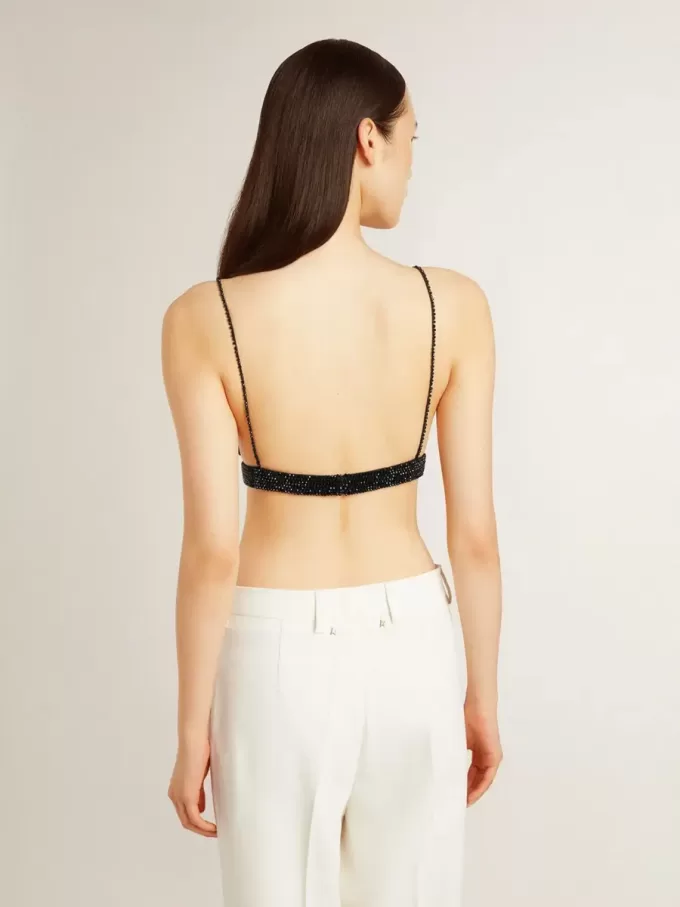 Top nero da donna in crochet con cristalli