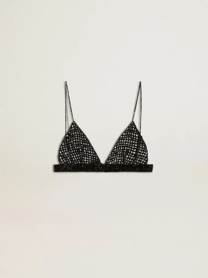 Top nero da donna in crochet con cristalli