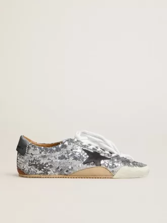 True-Star da uomo con paillettes argentate, stella nera e linguetta sul tallone in pelle beige