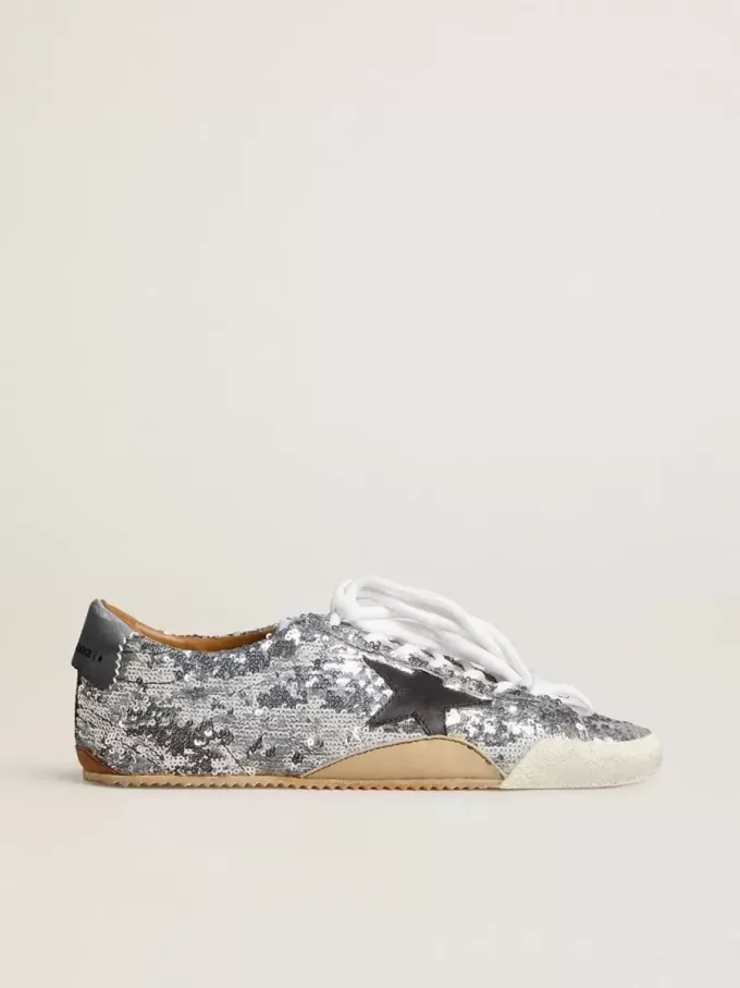 True-Star da donna con paillettes argentate, stella nera e linguetta sul tallone in pelle argentata