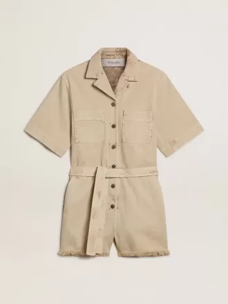 Tuta da donna in denim beige con cintura e orlo sfrangiato