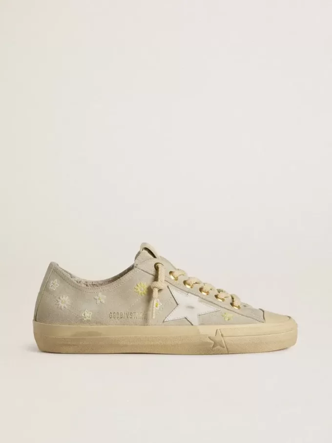 V-Star da donna in pelle scamosciata grigio ghiaccio con stella in pelle bianca e ricami floreali