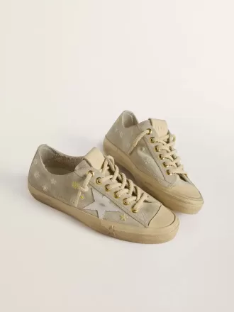 V-Star da donna in pelle scamosciata grigio ghiaccio con stella in pelle bianca e ricami floreali