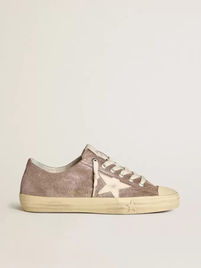 V-Star da donna in pelle scamosciata metallizzata marrone chiaro con stella in pelle color crema