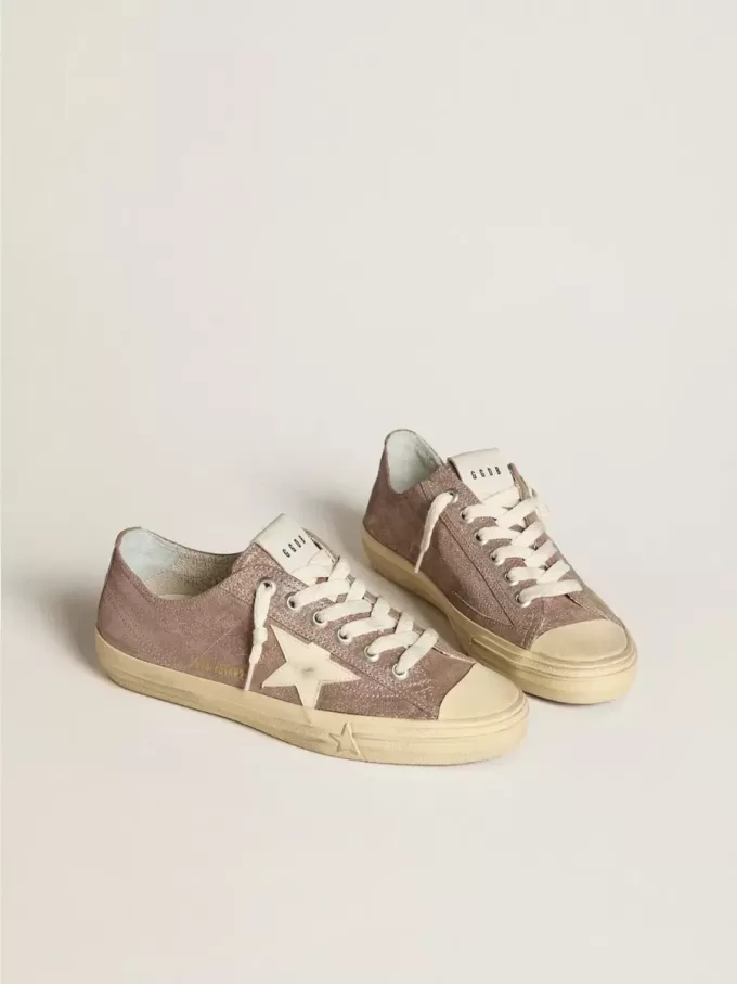V-Star da donna in pelle scamosciata metallizzata marrone chiaro con stella in pelle color crema