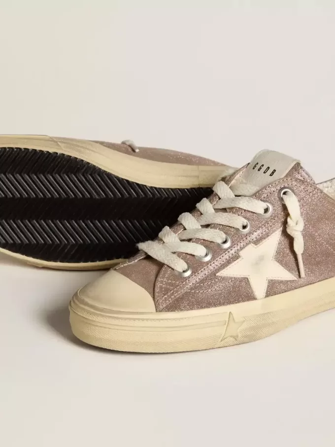 V-Star da donna in pelle scamosciata metallizzata marrone chiaro con stella in pelle color crema