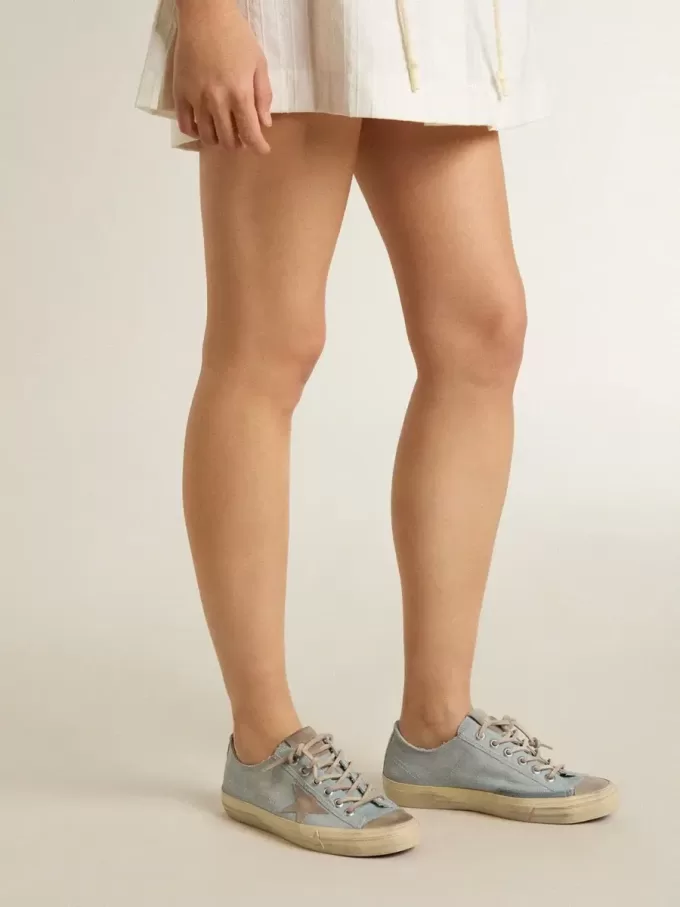 V-Star da donna in tela azzurra con stella in pelle grigio tortora