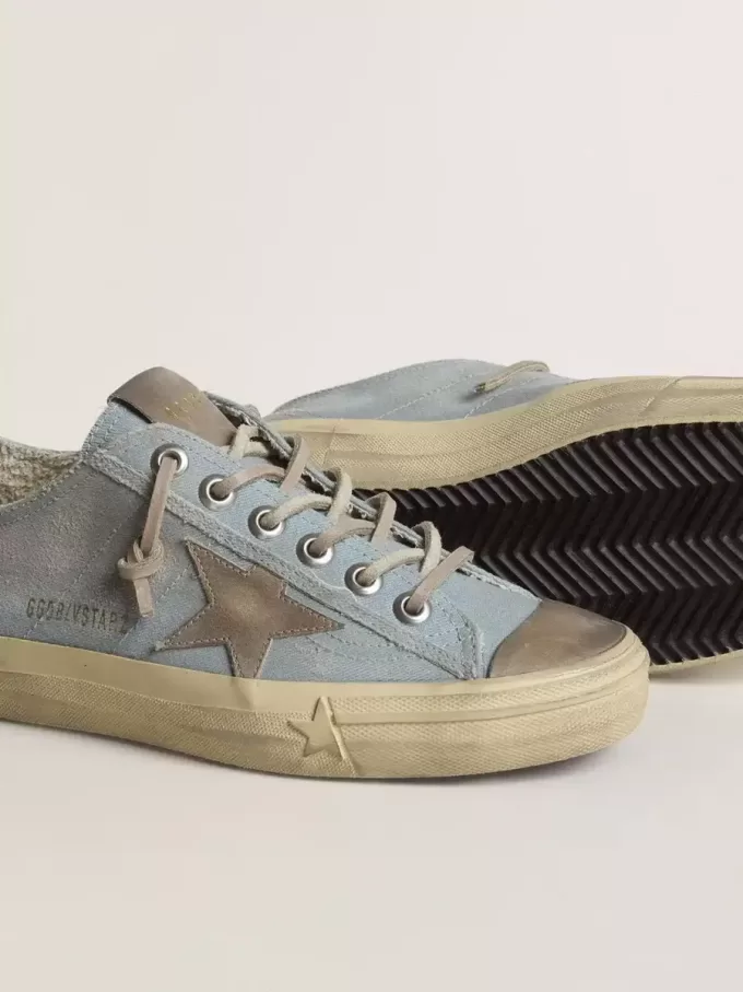 V-Star da donna in tela azzurra con stella in pelle grigio tortora