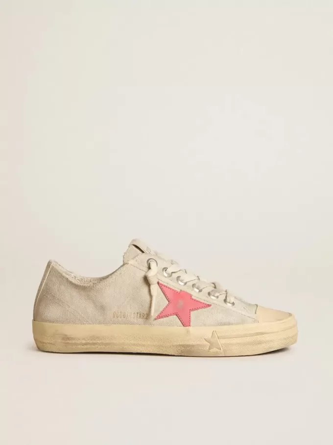 V-Star da donna in tela grigio chiaro con stella in pelle rossa
