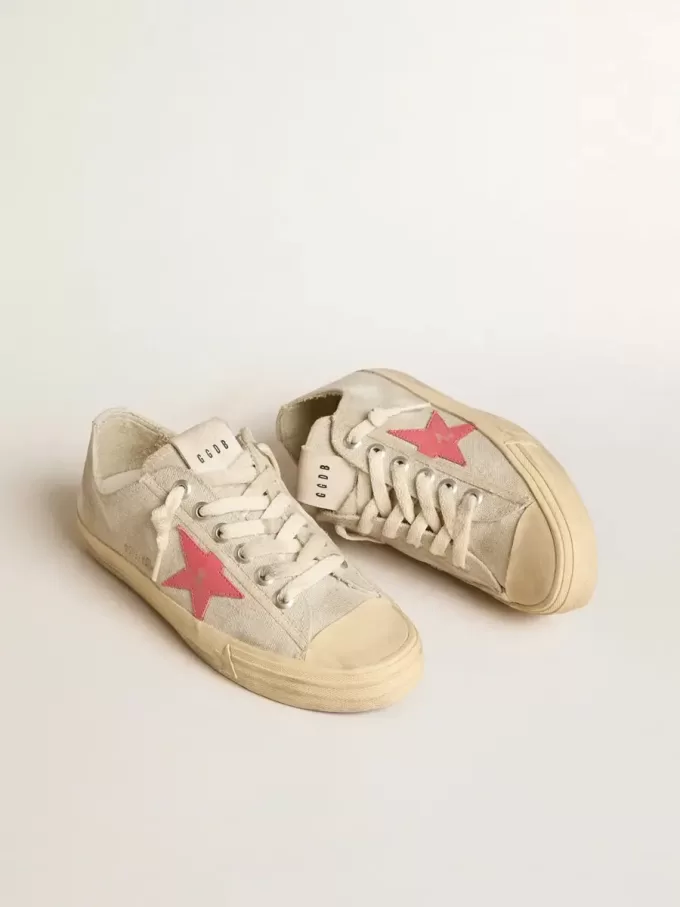 V-Star da donna in tela grigio chiaro con stella in pelle rossa