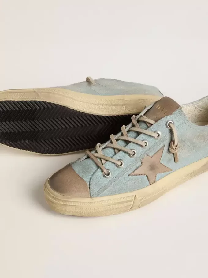 V-Star da uomo in tela azzurra con stella in pelle grigio tortora