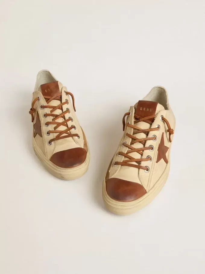 V-Star da uomo in tela color crema con stella in pelle color tabacco