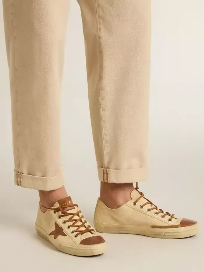 V-Star da uomo in tela color crema con stella in pelle color tabacco