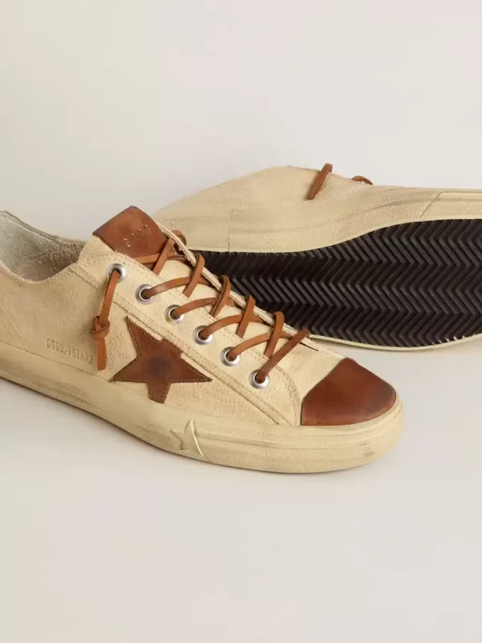 V-Star da uomo in tela color crema con stella in pelle color tabacco