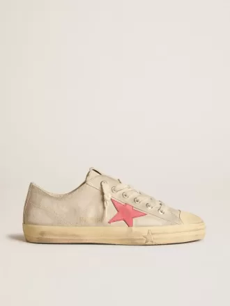 V-Star da uomo in tela grigio chiaro con stella in pelle rossa