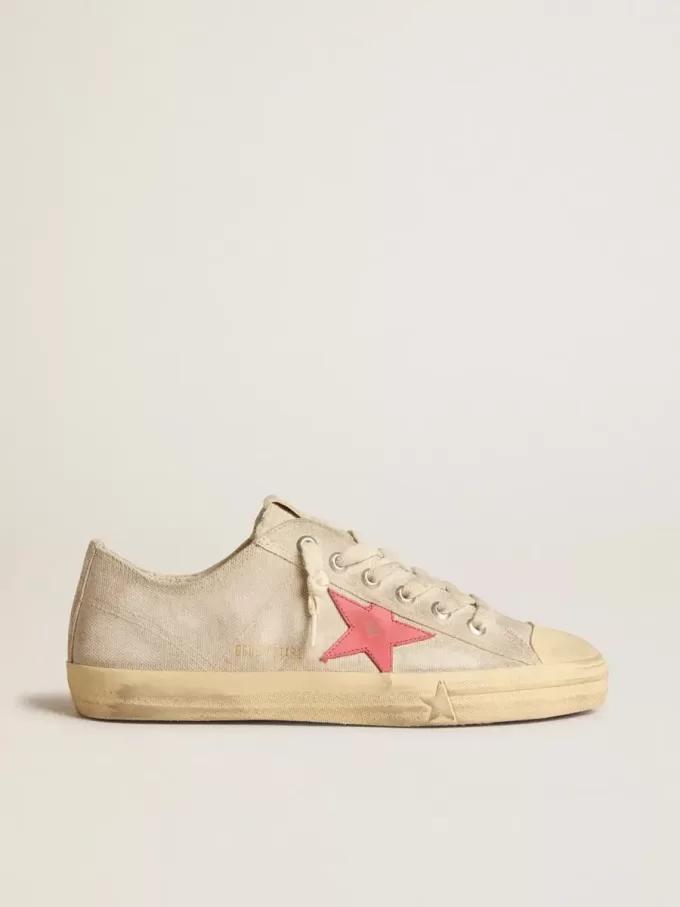 V-Star da uomo in tela grigio chiaro con stella in pelle rossa