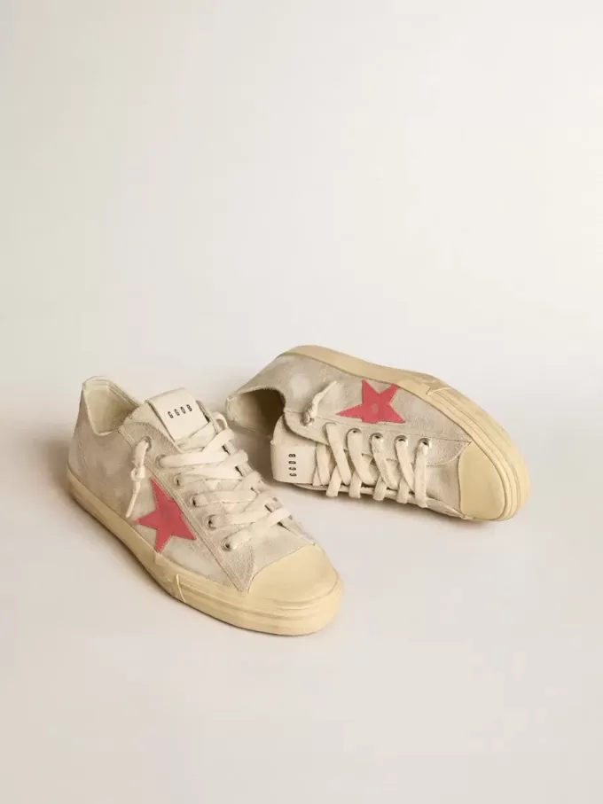 V-Star da uomo in tela grigio chiaro con stella in pelle rossa