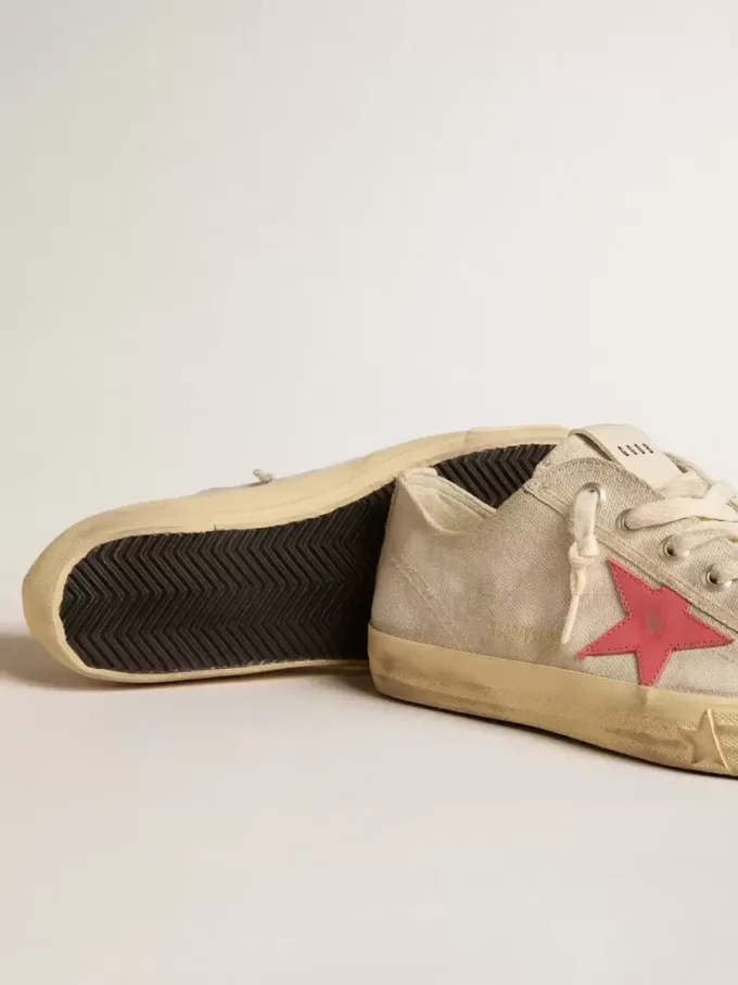 V-Star da uomo in tela grigio chiaro con stella in pelle rossa