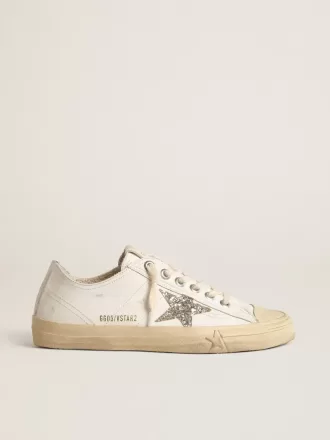 V-Star in pelle bianca con stella glitterata platino