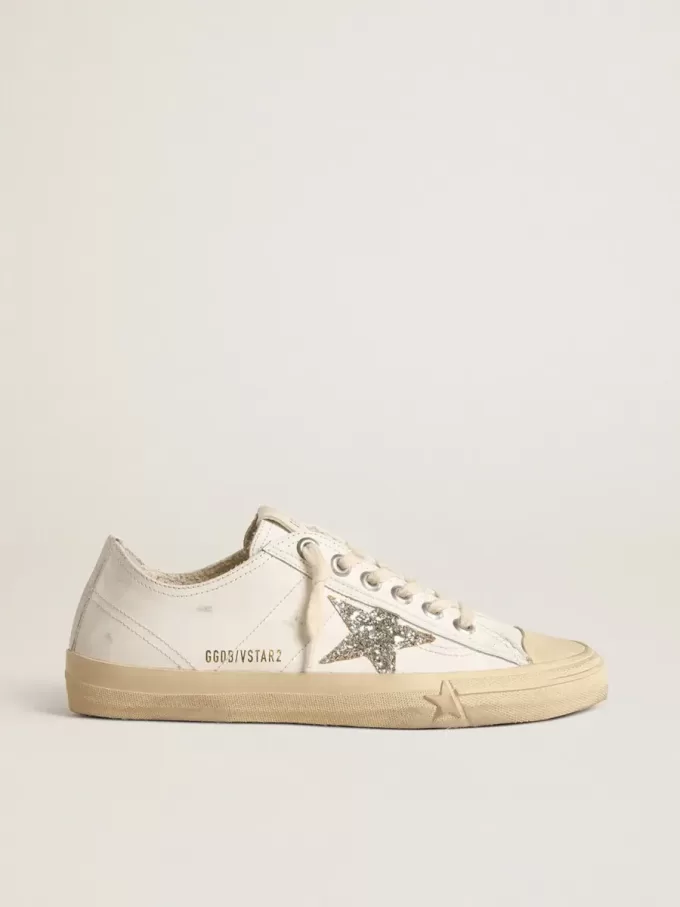 V-Star in pelle bianca con stella glitterata platino