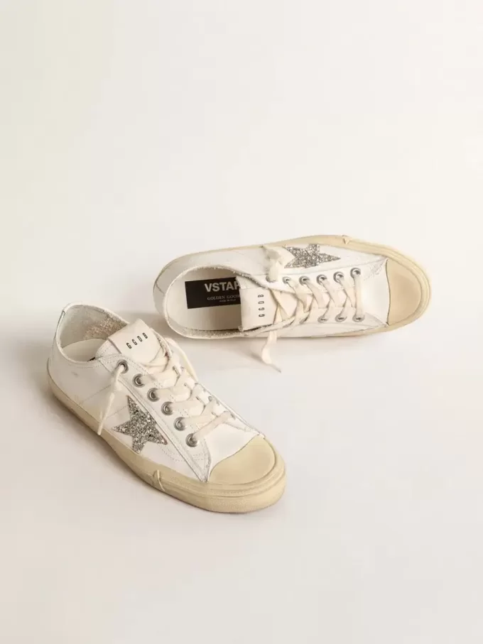 V-Star in pelle bianca con stella glitterata platino