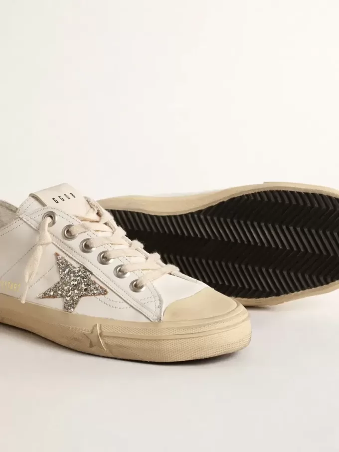 V-Star in pelle bianca con stella glitterata platino