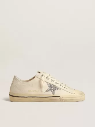 V-Star in tela beige con stella glitterata argento