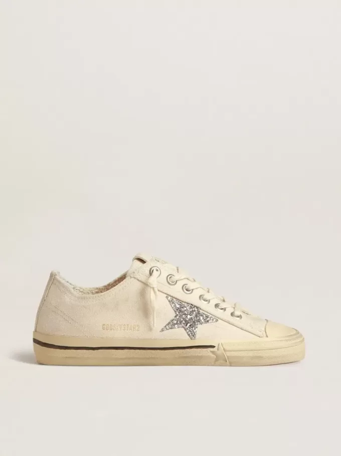 V-Star in tela beige con stella glitterata argento