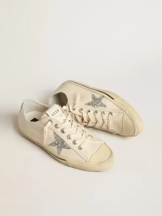 V-Star in tela beige con stella glitterata argento