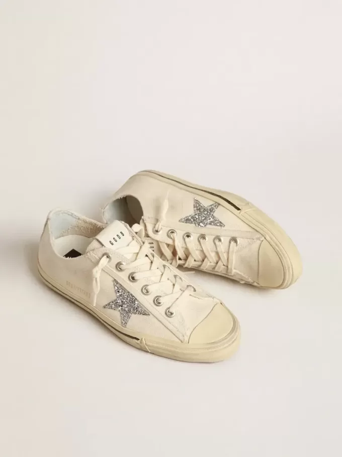 V-Star in tela beige con stella glitterata argento
