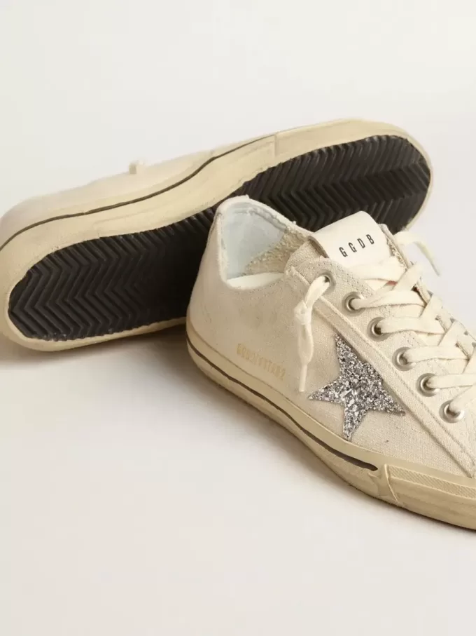 V-Star in tela beige con stella glitterata argento