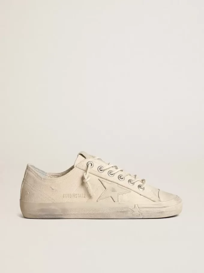 V-Star in tela color crema chiaro con stella in pelle bianco latte