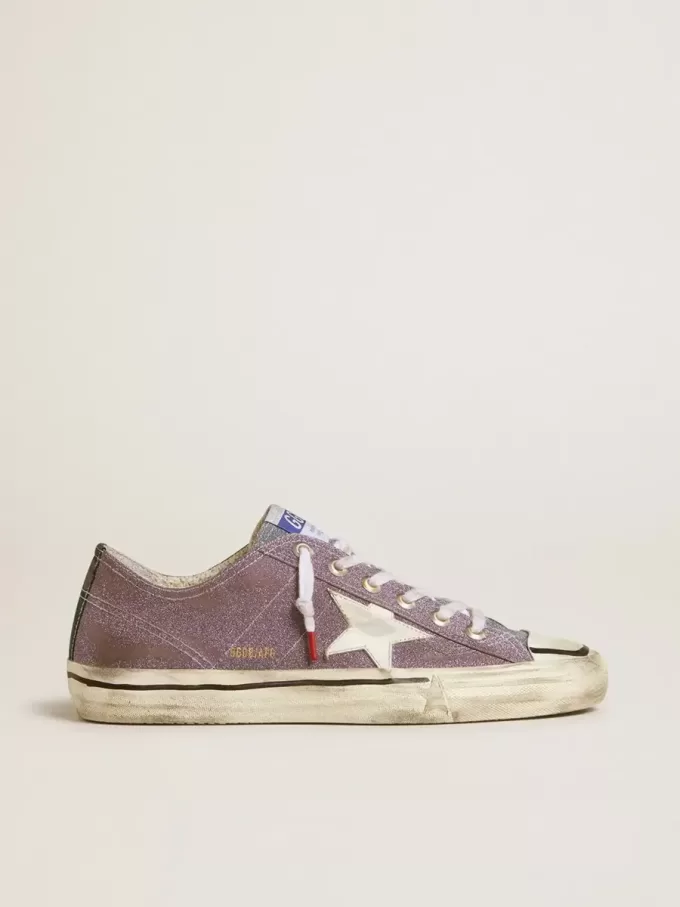 V-Star LAB da uomo in pelle lilla e glitter con stella bianca e linguetta glitter argento